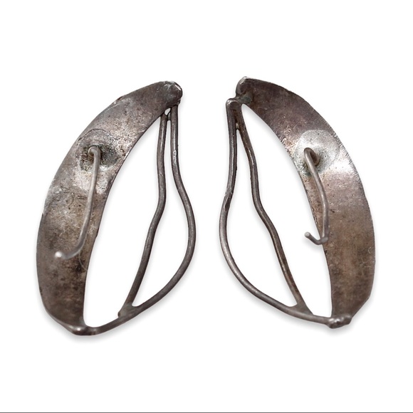 Vintage Sterling Silver Earrings Abstract Crescent Moon Modernist Primitive - Picture 4 of 5